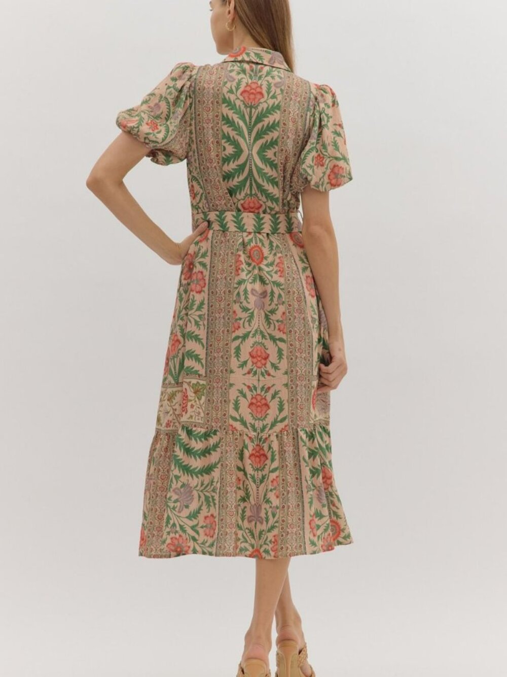 NWT Entro Botanical Print Puff Sleeve Midi Dress in Natural Multi - Picture 5 of 7